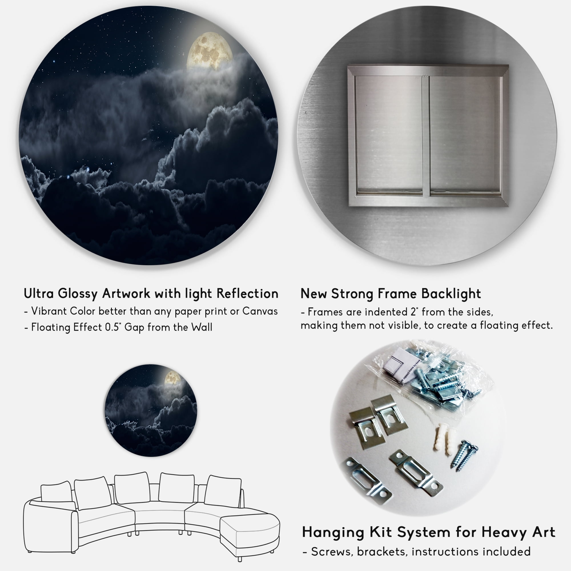 Designart 'Cloudy Full Moon Night With Stars' Nautical & Coastal Circle Metal Wall Art 23x23 - Disc of 23