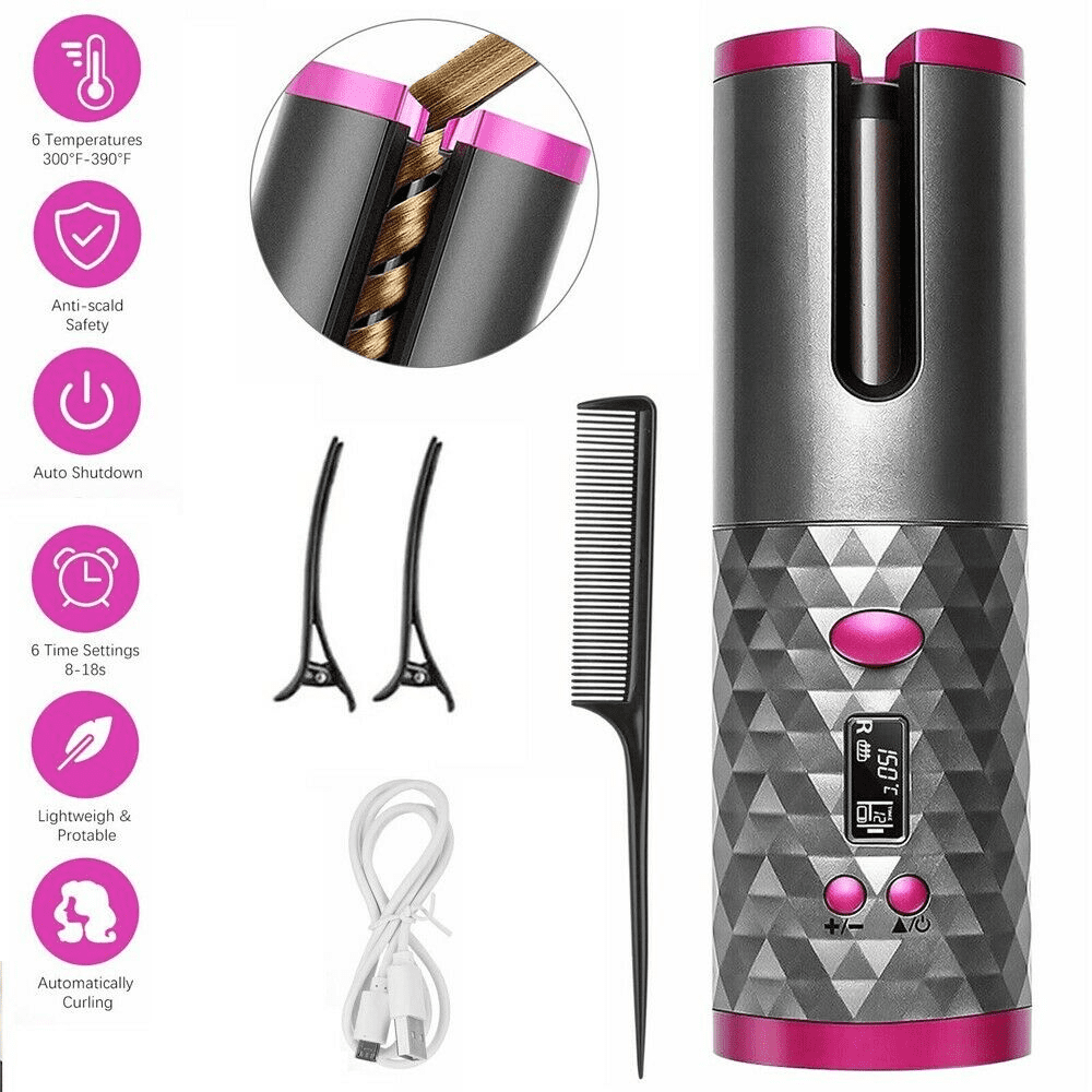 Cordless Hair Curler, Curling Iron with LCD Display and Adjustable  Temperature, Portable USB Rechargeable Automatic Curling Iron Portable  Wireless Curling Wand 
