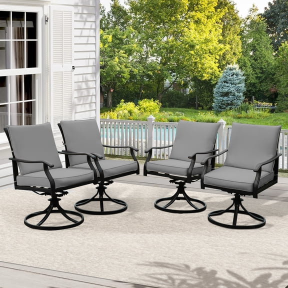 4 Pieces Patio Swivel Chair, All-Weather Swivel Rocker Chair with Armrests & Cushion, Heavy Duty Outdoor Dining Chairs, Wrought Iron Outdoor Chairs for Garden, Balcony, Deck (4 Pieces, Gray Cushion)