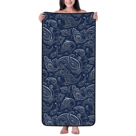 Cotton Bath Towels for Bathroom - Dark Blue Paisley Microfiber Quick Dry Towels for Body Bath Sheets, Personalized Beach Towel, Soft Shower Towels for Travel Home Beach 27*55in