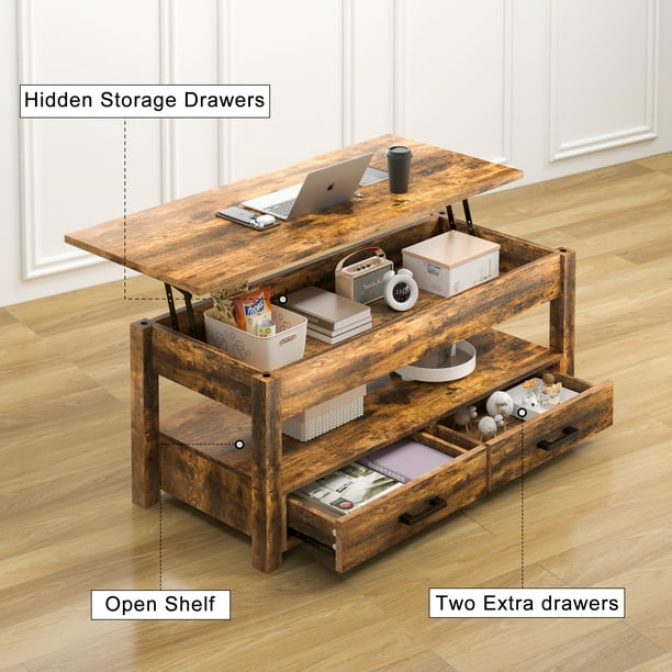 GUNAITO Lift Top Coffee Table with 2 drawers,Wooden Convertible