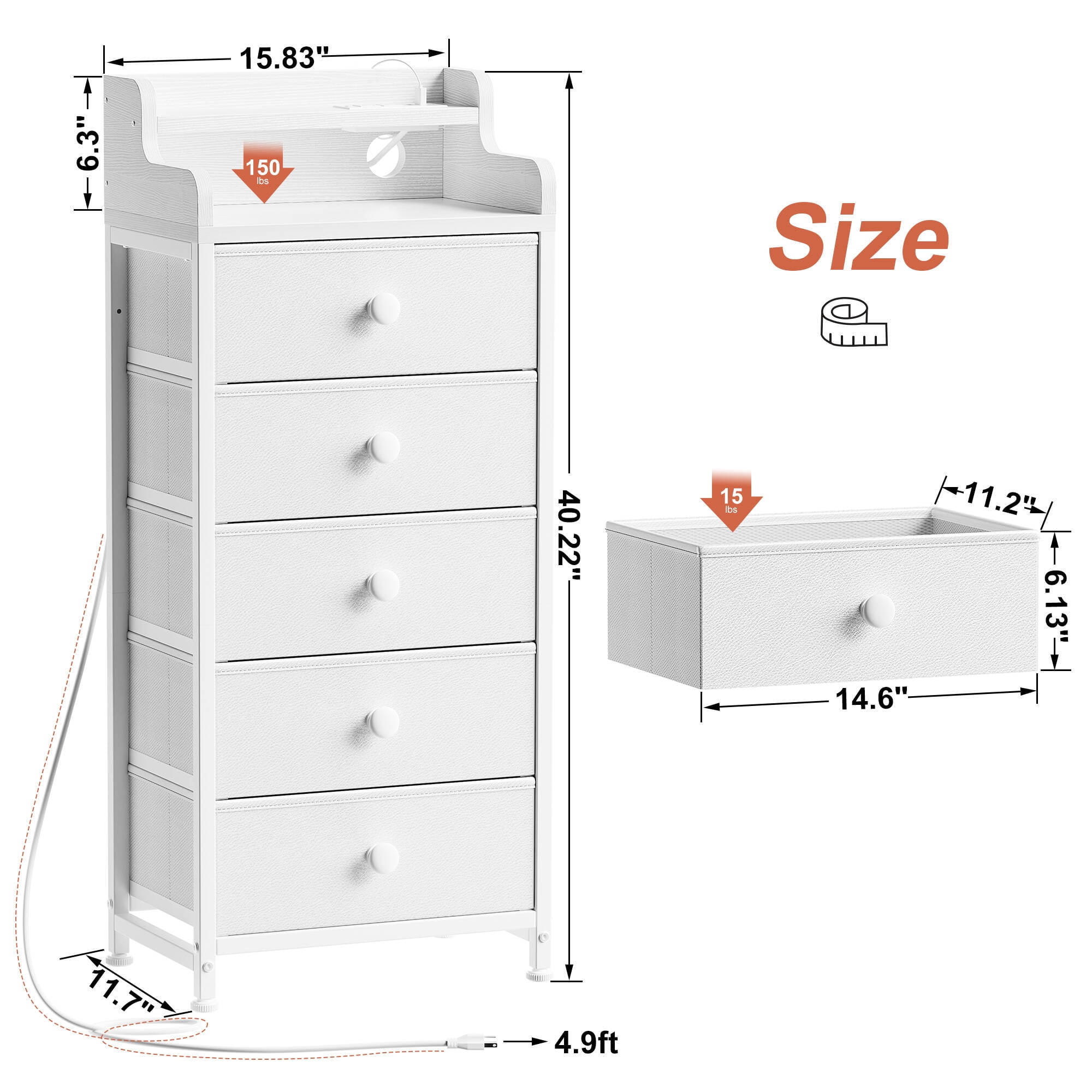 GUNAITO Led Dresser for Bedroom with 5 Drawers Tall Narrow Chest of Drawers Fabric Storage Dresser for Adults,White