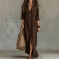 thumbnail image 2 of Shrysg Women's Casual Button Down Flowy V Neck Shirt Maxi Dress with Long Sleeve Coffee, 2 of 9