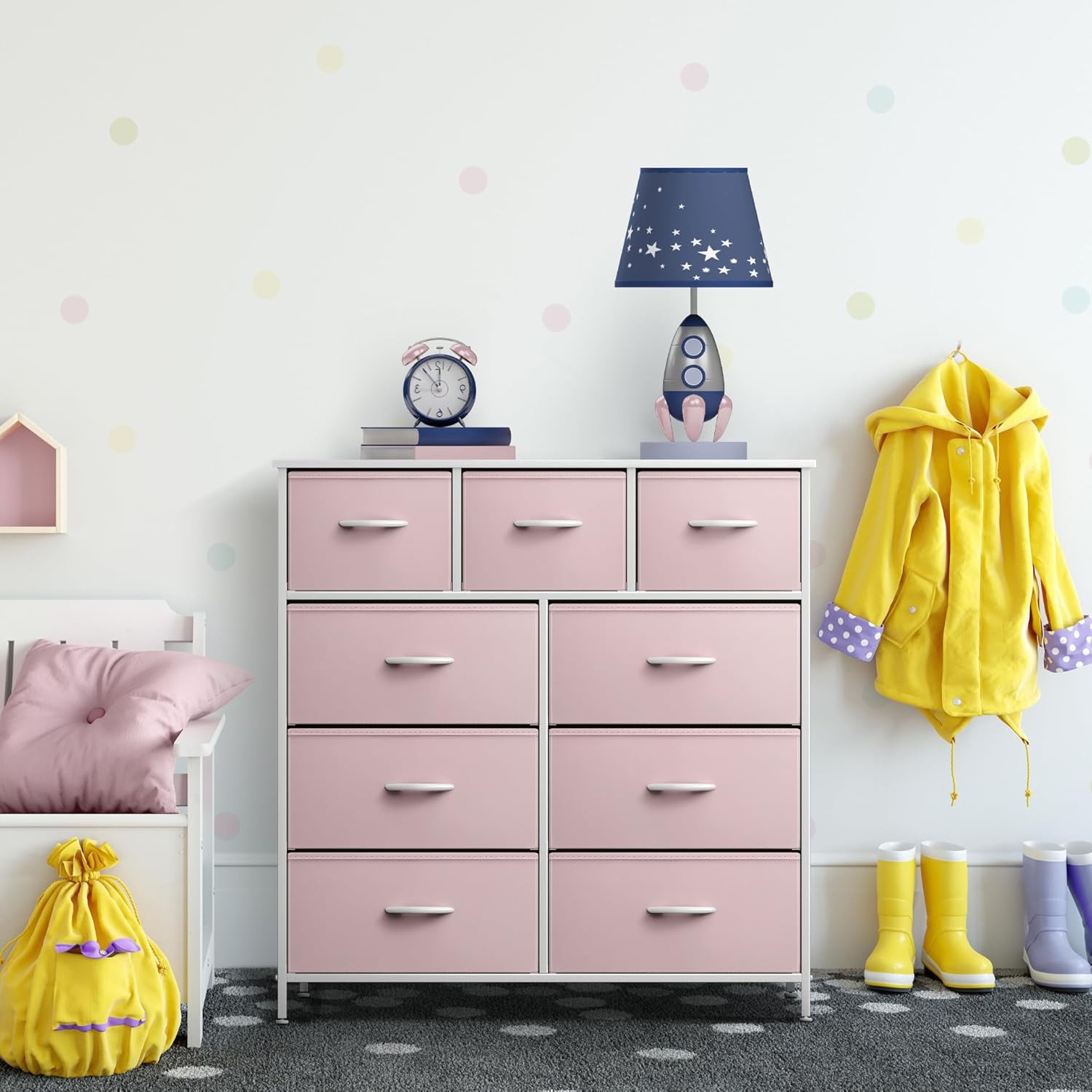 Nightstand Chest 9 Drawers Bedside Organizer Dresser Furniture for Bedroom and Office - Pink