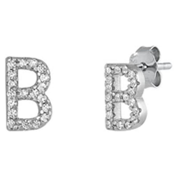 Sterling Silver Flashy Block Letter B Initial Clear Cubic Zirconia Earrings 925 New Jewelry Female