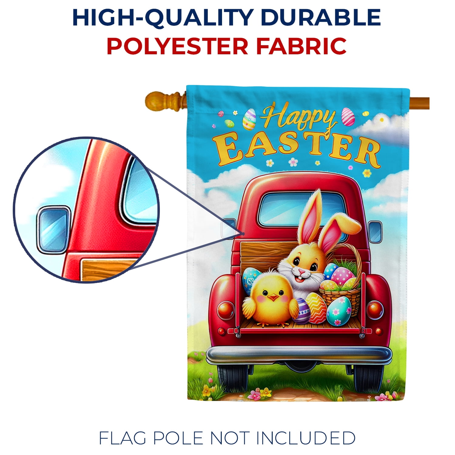 America Forever Happy Easter Truck House Flag 28 x 40 inch Double Sided Spring Rabbit Bunny Egg Chick Farmhouse Holiday Small Seasonal Flags for Outdoor Yard Lawn Decoration