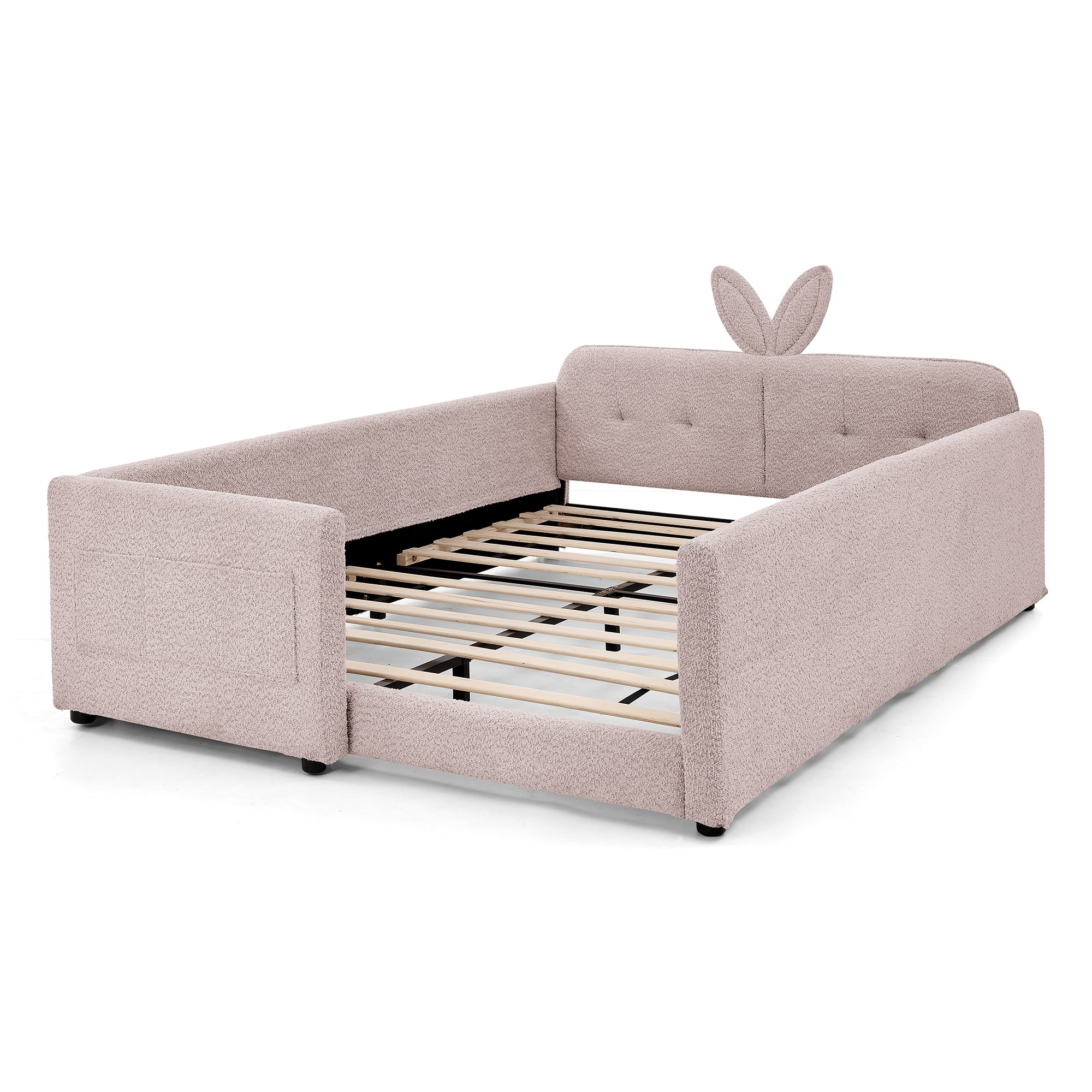 T-Joy Cute Kids Bed with Rail and Pocket, Boucle Wooden Platform Bed with Rabbit Ear, Full Size, Pink