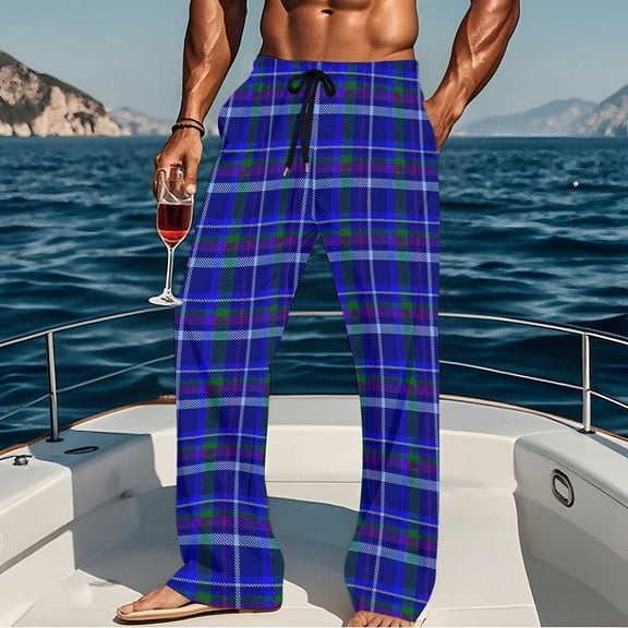 Mens Straight Leg Pajama Pants with Pockets and Drawstring Elastic Waist Trousers Casual Plaid Printed Loose Breathable Loungewear Pajamas Pant
