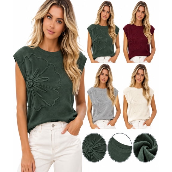 APEXFWDT Women's Floral Knit Sweater Top Flower Cap Sleeve Crew Neck Lightweight Casual Pullover for Spring Fall
