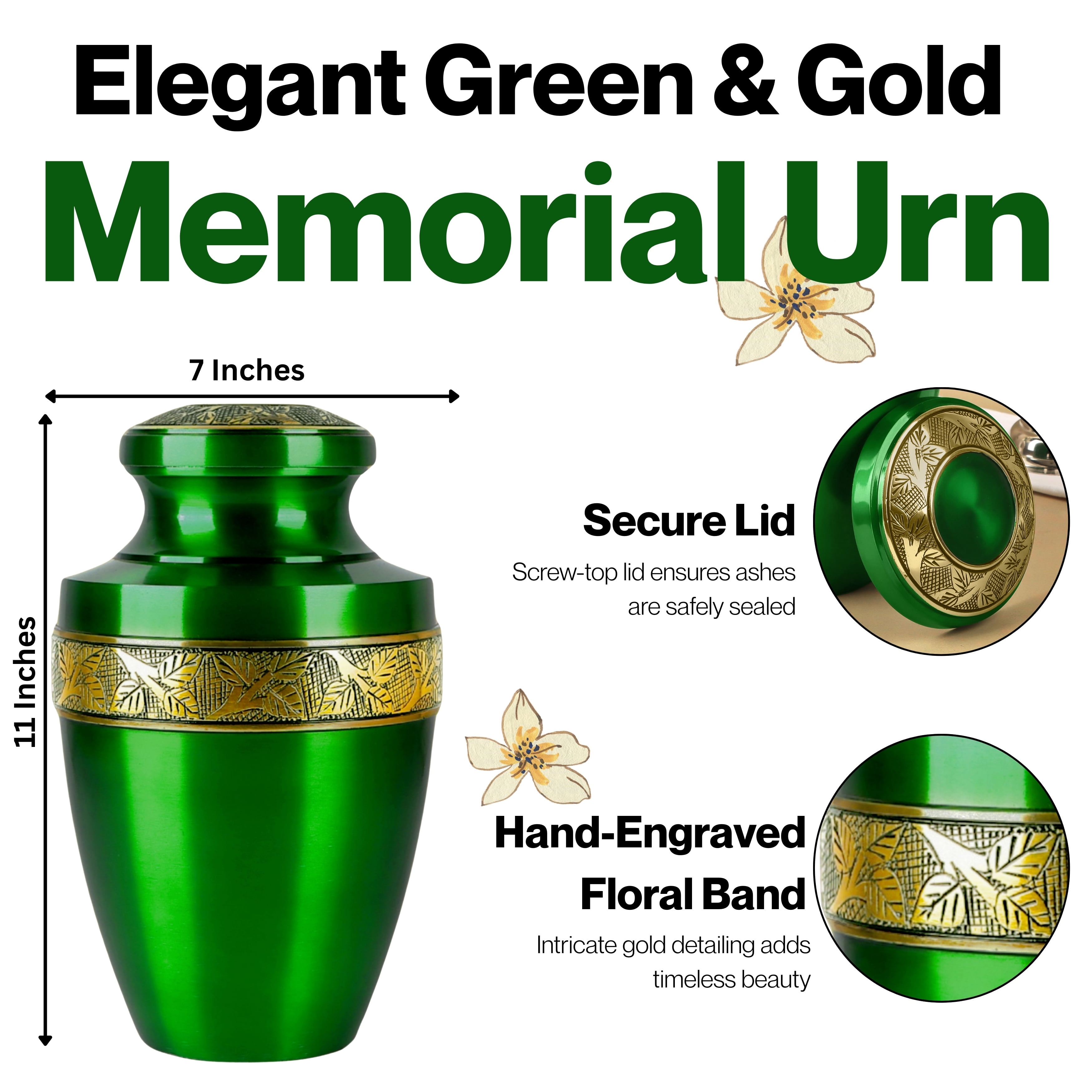 Handcrafted Aluminum Urn - Decorative Memorial Holder for Ashes and Remembrance (Grass Green & Royal Gold)