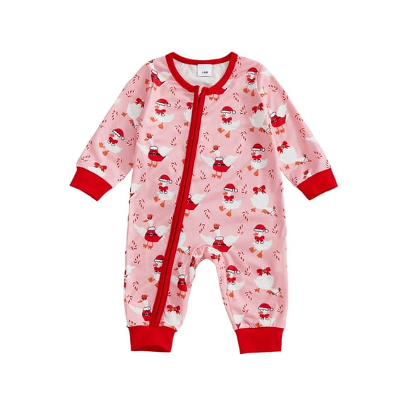 Miaouyo Infant Baby Girl Christmas Fall Romper 0 3 6 12 18 Months Goose Candy Cane Print Long Sleeve Round Neck Zip Up Jumpsuit