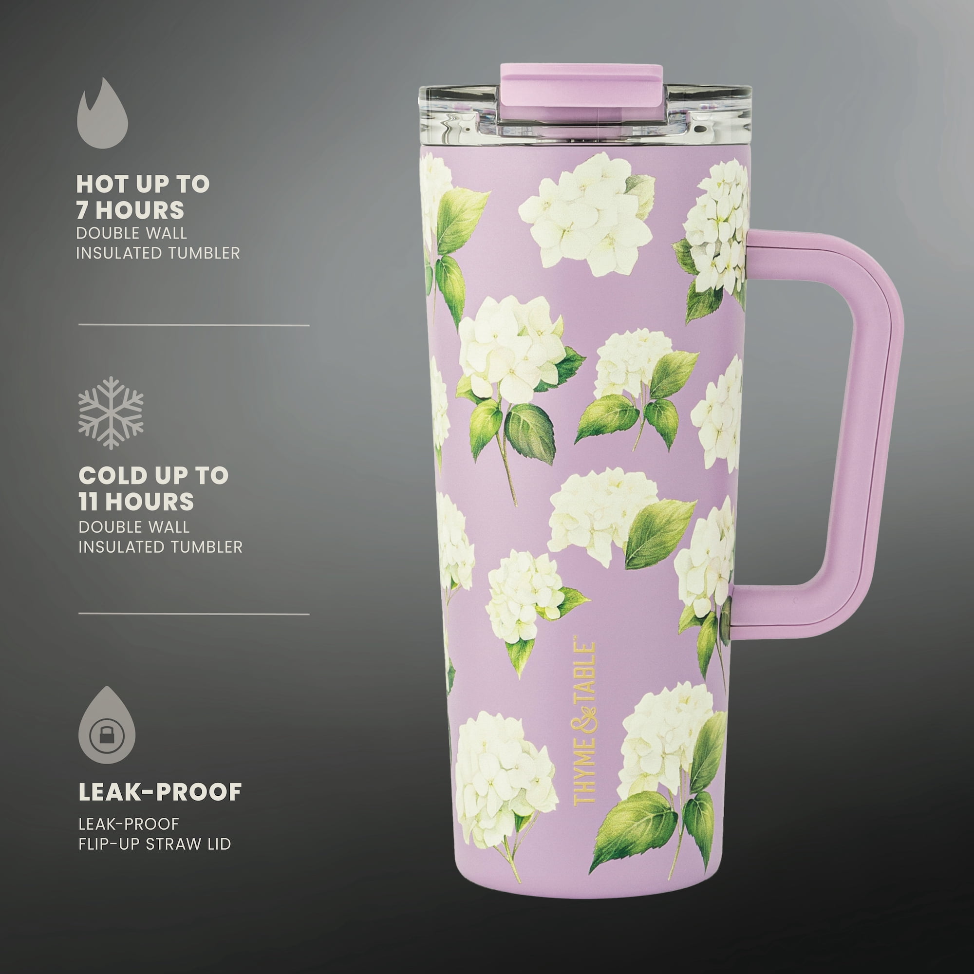 Thyme & Table 24oz Stainless Steel Luna Tumbler with Handle and Dual Straw Lid, Hydrangeas