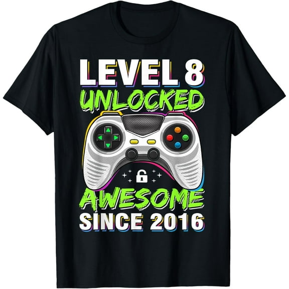 Level 8 Unlocked Awesome Since 2016 8th Birthday Gaming Boys Gifts T-shirt