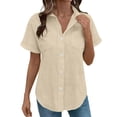 thumbnail image 2 of HongQid Women's Casual Short Sleeve Button Down Shirts Cotton Blouses V Neck Casual Tunics Solid Color Tops with Two Pockets, 2 of 7
