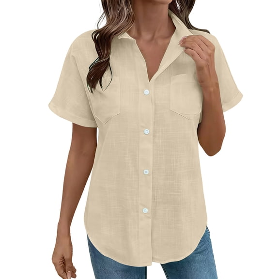 Womens Button Down Shirt Loose Short Sleeve Shirts Dressy Casual Work Blouse Business Summer Tops with Pockets