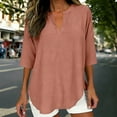 thumbnail image 2 of FRSASU Chemises Imitation Coton Lin pour Femmes Hauts d'Été Manches Courtes Col en V Unies Blouses Décontractées T-Shirts Tendance de Vacances Rouge Melon D\'eau S(S), 2 of 6