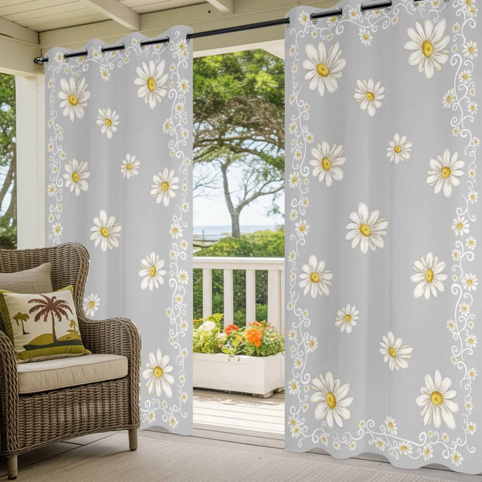 Grey Daisy Flower Outdoor Curtains for Patio, Farmhouse Floral Summer Country Sunshade Privacy Drapes Grommet Waterproof Outside Curtains for Porch/Cabana/Balcony 54"x 108", 1 Panel