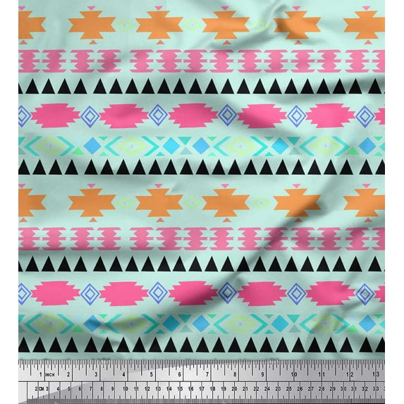 Soimoi Green Poly Georgette Fabric Aztec Geometric Decor Fabric Printed Yard 52 Inch Wide