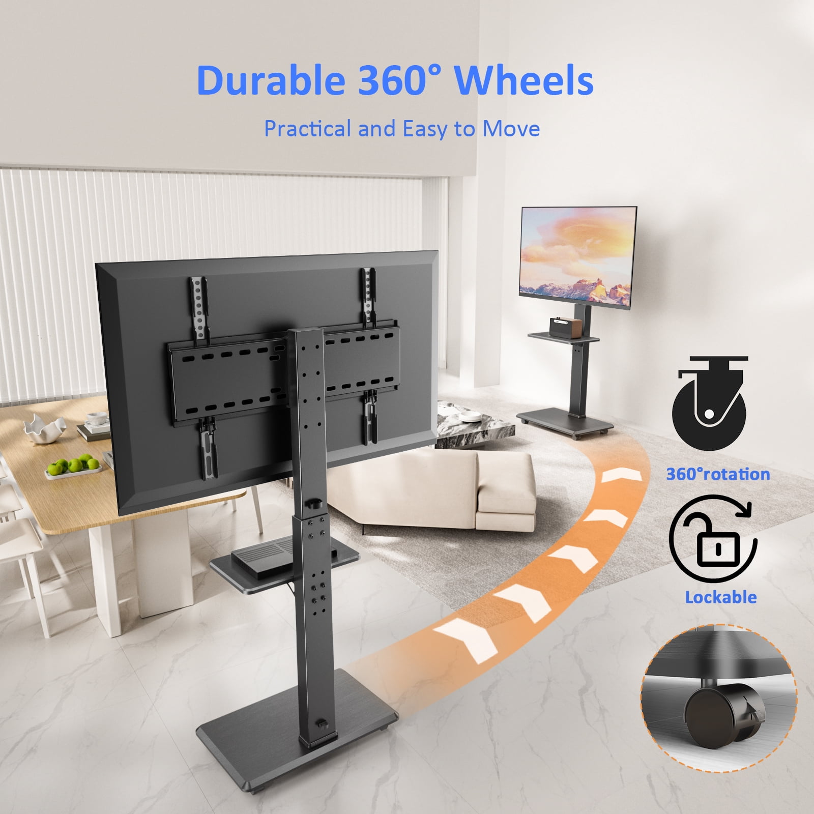 Rolling TV Stand, Mobile TV Cart for 32-75 Inch TVs up to 110 lbs, 18 Adjustable Heights, TV Floor Stand with Swivel Mount & Shelf, Max VESA 600x400mm