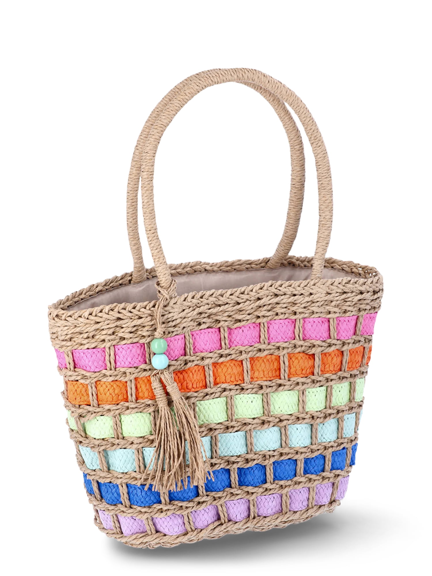No Boundaries Festival Straw Top Handle Bag, Natural/Rainbow, Women's