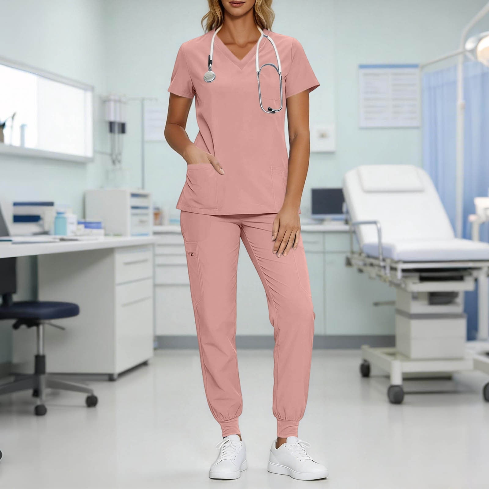 Scrubs for Women Set V-Neck Scrub Top Stretch Jogger Pants Stretchy Scrub Set Womens Workwear Nursing Uniform