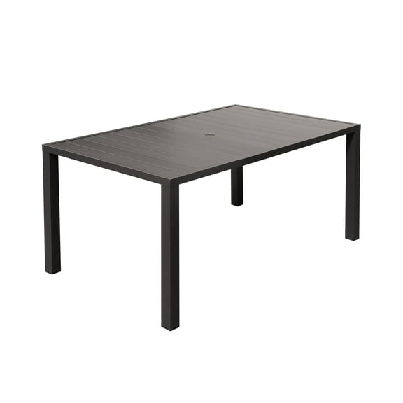 Outdoor Dining Table for 6 Person, Rectangular Slatted Metal Patio Table for Deck Garden Lawn Backyard Use with Umbrella Hole, Brown