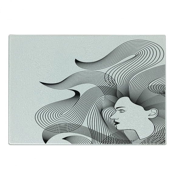 Abstract Woman Cutting Board, Monochrome Interpretation of a Women with Long Digitally Striped Hair, Decorative Tempered Glass Cutting and Serving Board, in 3 Sizes, by Ambesonne