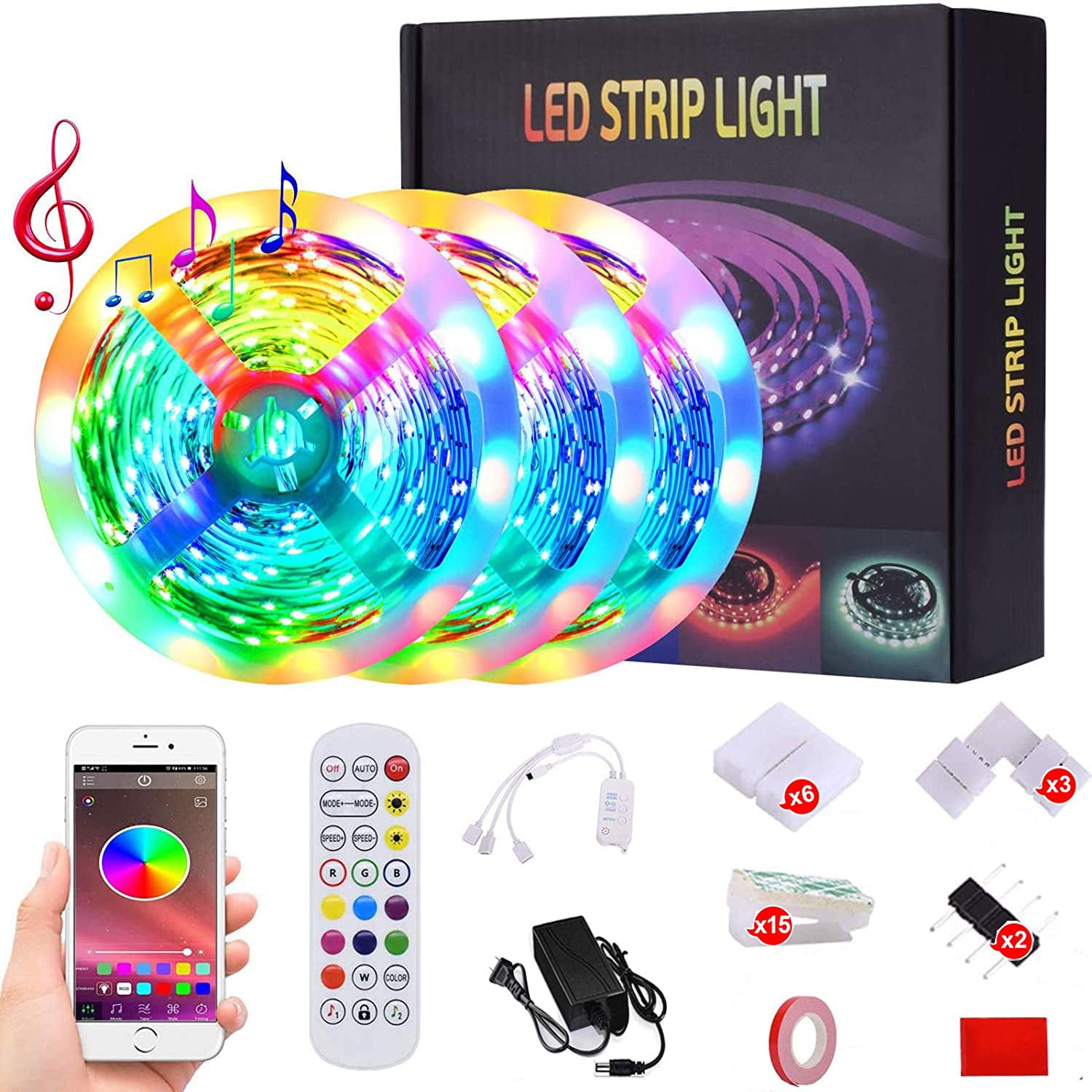 100Ft LED Strip Lights 5050 Music Sync Bluetooth Remote Room Decor Light 25/50Ft 