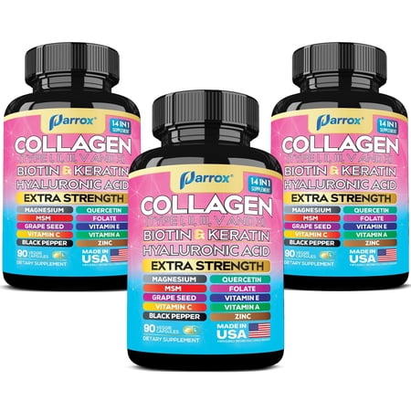 Parrox Collagen Peptides Types I, II, III, V & X, MCG Biotin, Keratin, Hyaluronic Acid, MSM, Zinc, Grape Seed Extract, Quercetin, Vitamin A, C & E, Folate, Black Pepper, Magnesium, Folic Acid(3 Pack)