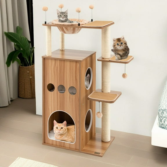 Demi Bonn 52" Cat Tree Tower with Wood 2 Level Cat Condos, Large Perch and Totally Wrapped Sisal Posts, Modern Cat Tree House, Beige