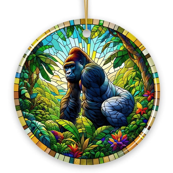 A Primate Safari Gorilla Stained Glass Style Ceramic Ornament, African Animals Christmas Gift and Decor