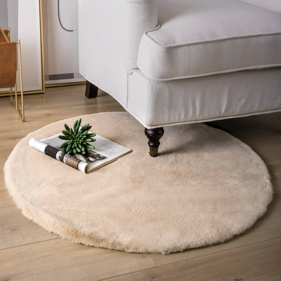 Soft Fluffy Faux Rabbit Fur Area Rugs, Indoor Decor Mat, 3 x 3 Feet, Round Beige, 1 Pack