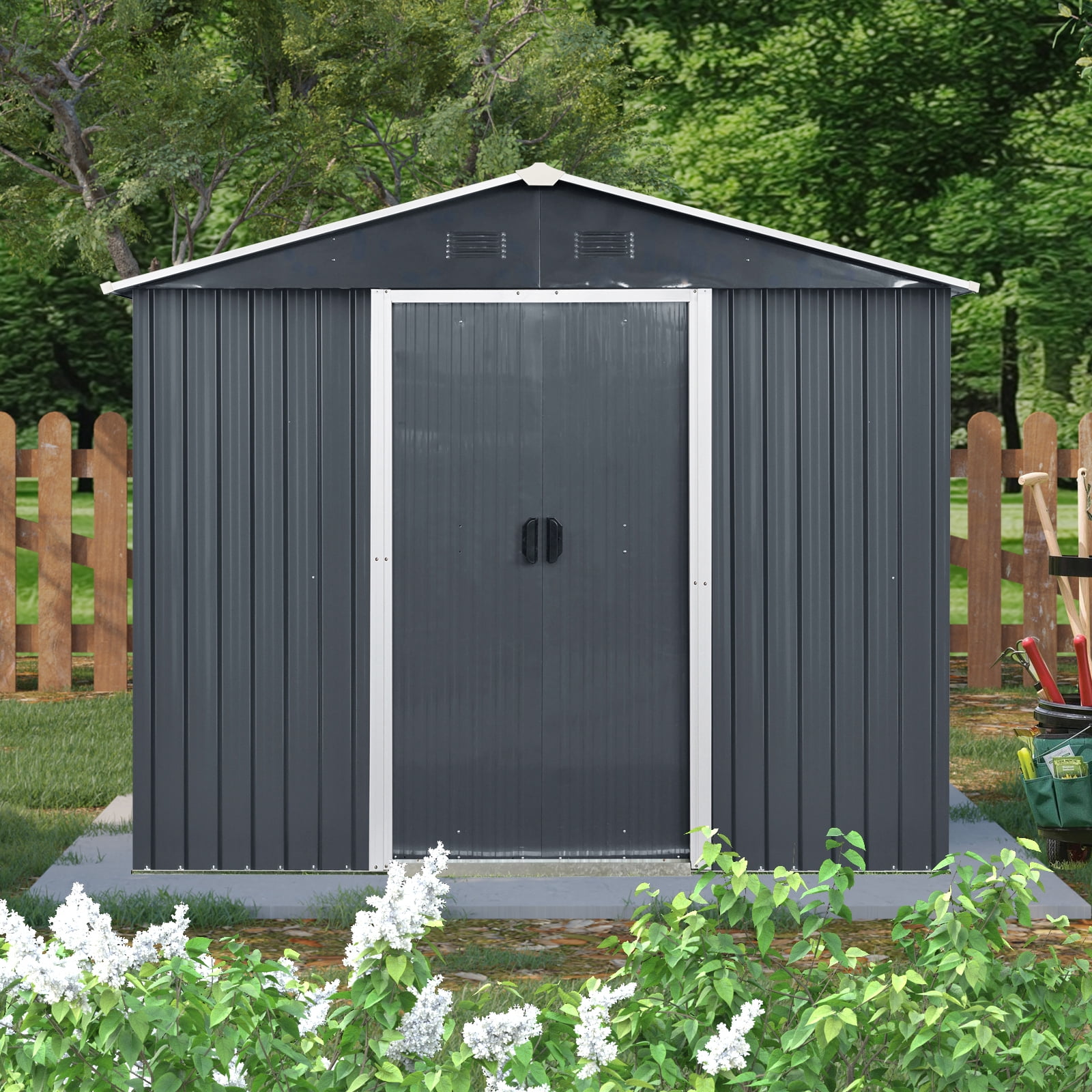 Alvantor 8 x 4 FT Outdoor Storage Shed Metal Garden Shed with Sliding Door and Window for Backyard, Garden, Black