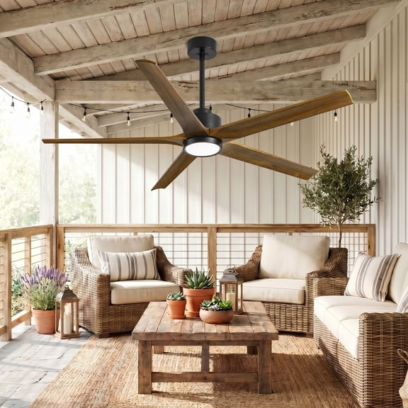 52 inch Wood Ceiling Fan with Light, Rustic Farmhouse 5 Blades High Airflow Quiet DC Motor Fan Damp Rated for Indoor Outdoor Porch Bedroom