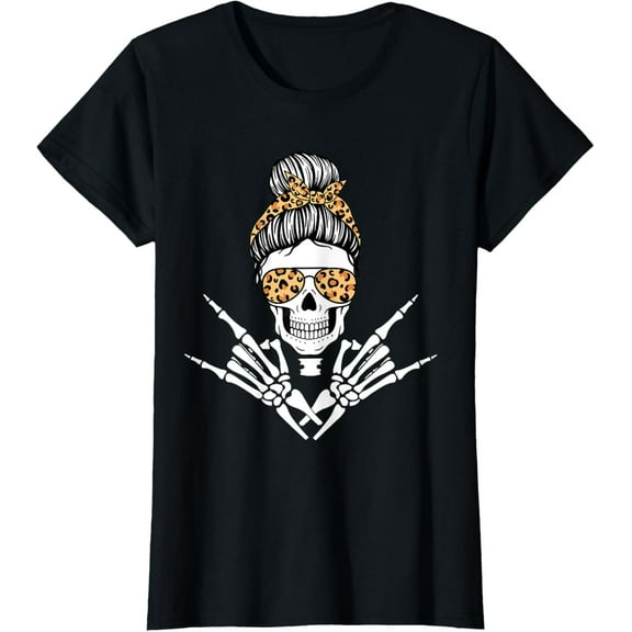 Rocker Skeleton Hand Rock On Leopard Messy Bun Halloween T-Shirt