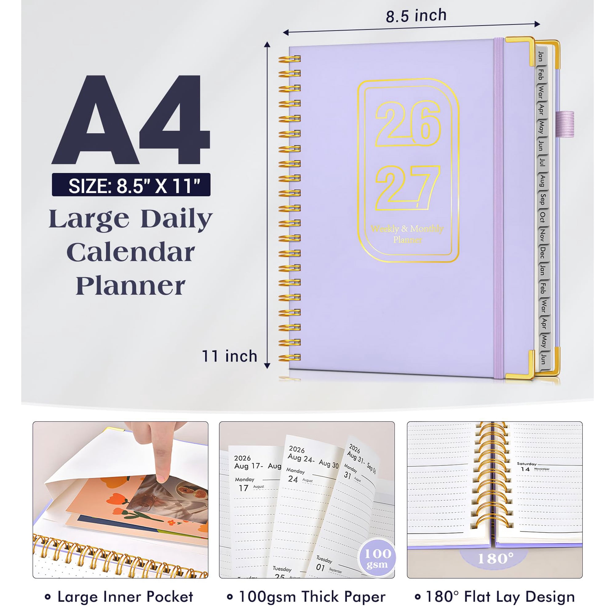 2026-2027 Planner, 18 Month Weekly Monthly Calendar, January 2026 to June 2027, A4 Large 8.5x11 Hardcover Organizer with Tabs, Spiral Bound, Purple