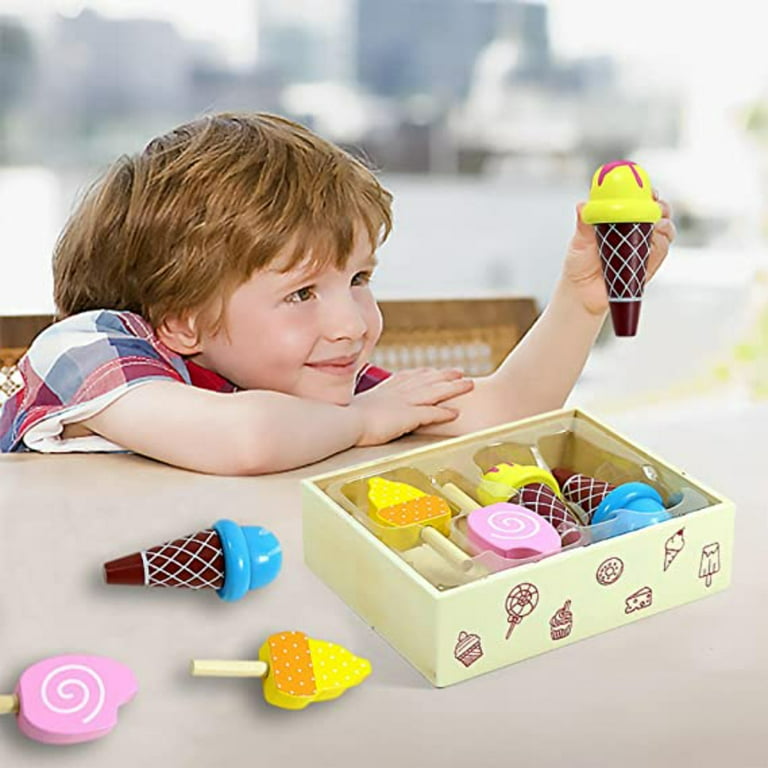 PEACNNG Wooden Ice Cream Counter, Wooden Ice Cream Trolley for Kids, Wooden  Toys Frozen and Accessories for Kids, Girls and Boys 