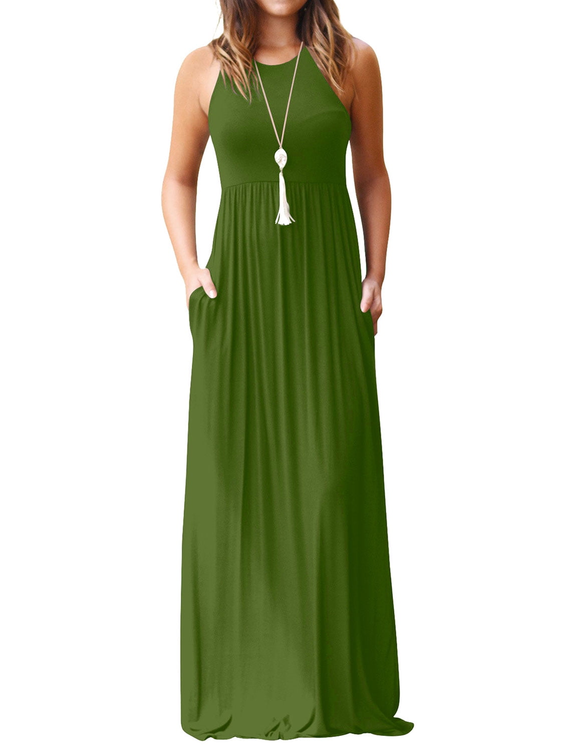 ZXZY - Women Round Neck Sleeveless Pure Color Long Dress with Pocket ...