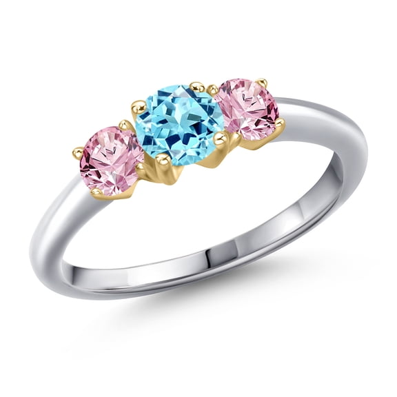 Gem Stone King 925 Silver and 10K Yellow Gold Blue Apatite and Pink Lab Grown Diamond Engagement Ring for Women | 1.00 Cttw | Round 5MM | Gemstone Birthstone | Size 7