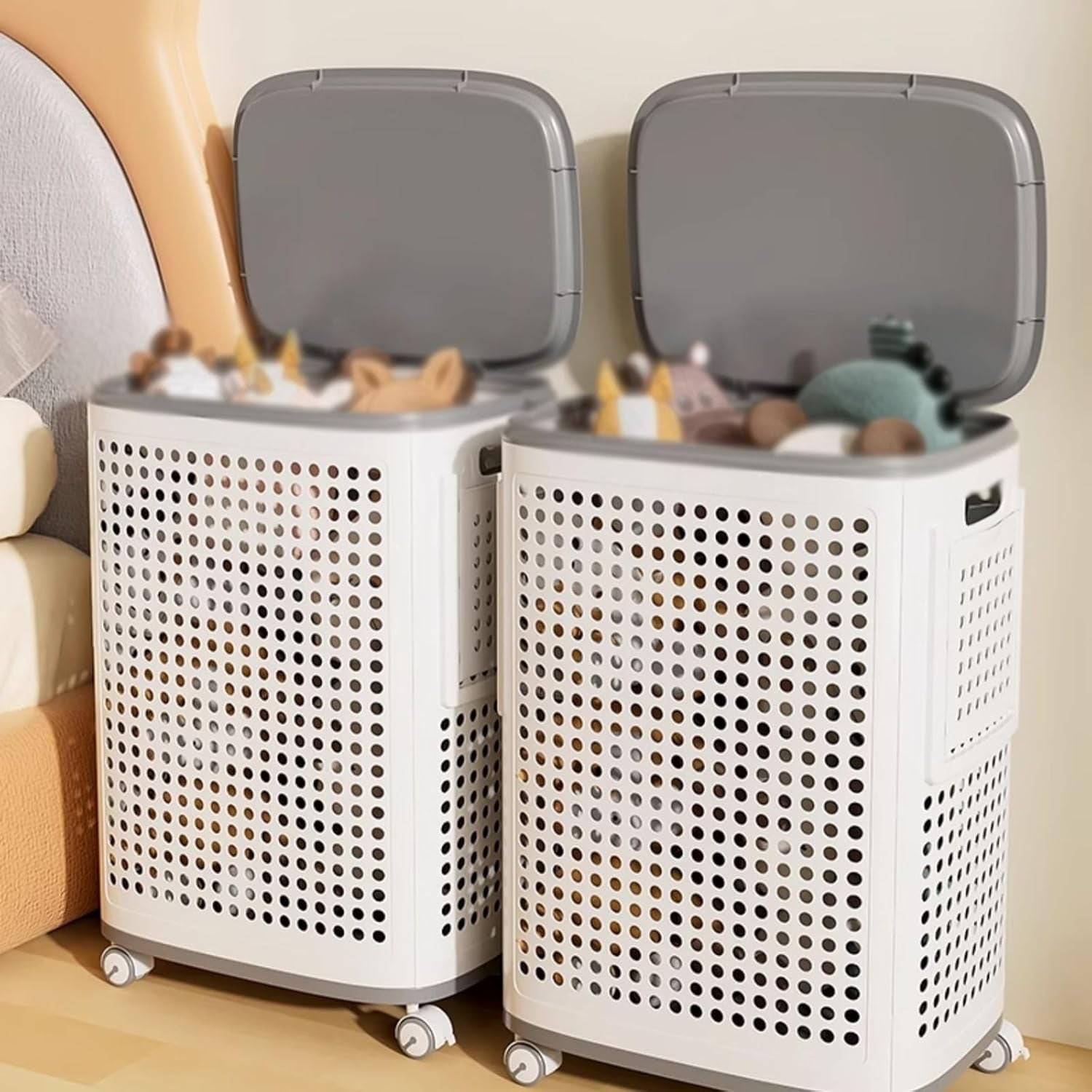 Colourtree 58L Laundry Basket, PP Plastic Clothes Hamper with Dual Handles, Ventilated Design for Sorting Clothes ( Lid + Wheels )