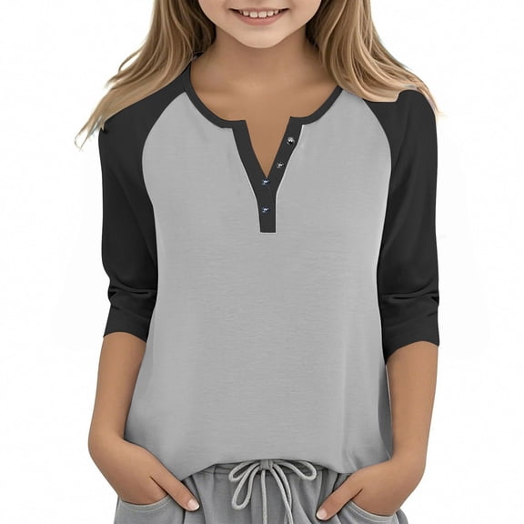 WMTBSRSW 3-14 YearsBig Girls Fall Henley Shirts Color Block 3/4 Sleeve Tops Patchwork Button Crewneck Blouse Loose Casual Tunic Tops 4 Years