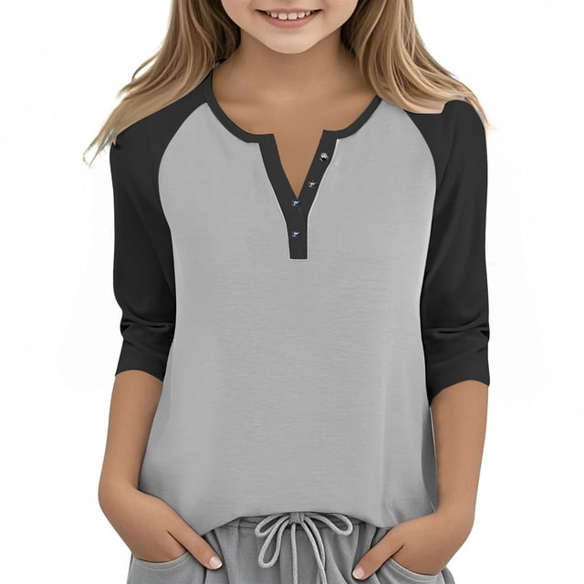 Cowsor Girl's Casual 3/4 Sleeve T Shirts Button V Neck Tunic Blouses Color Block Basic Tee Tops Loose Fit Summer Shirt