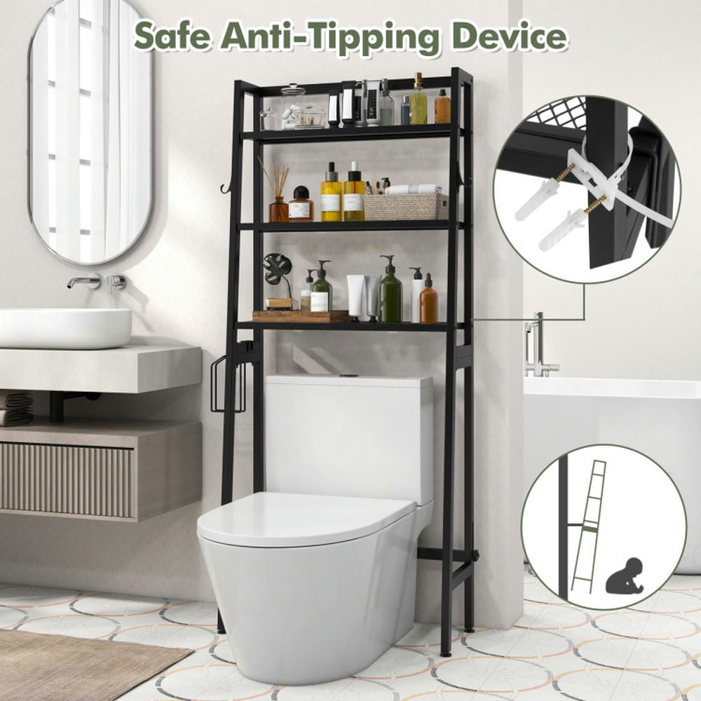 Finihen Toilet Storage Rack, Toilet Storage Shelf, 3-Tier Over The Toilet Storage Shelf with Adjustable Bottom Bar, for Bathroom, Black