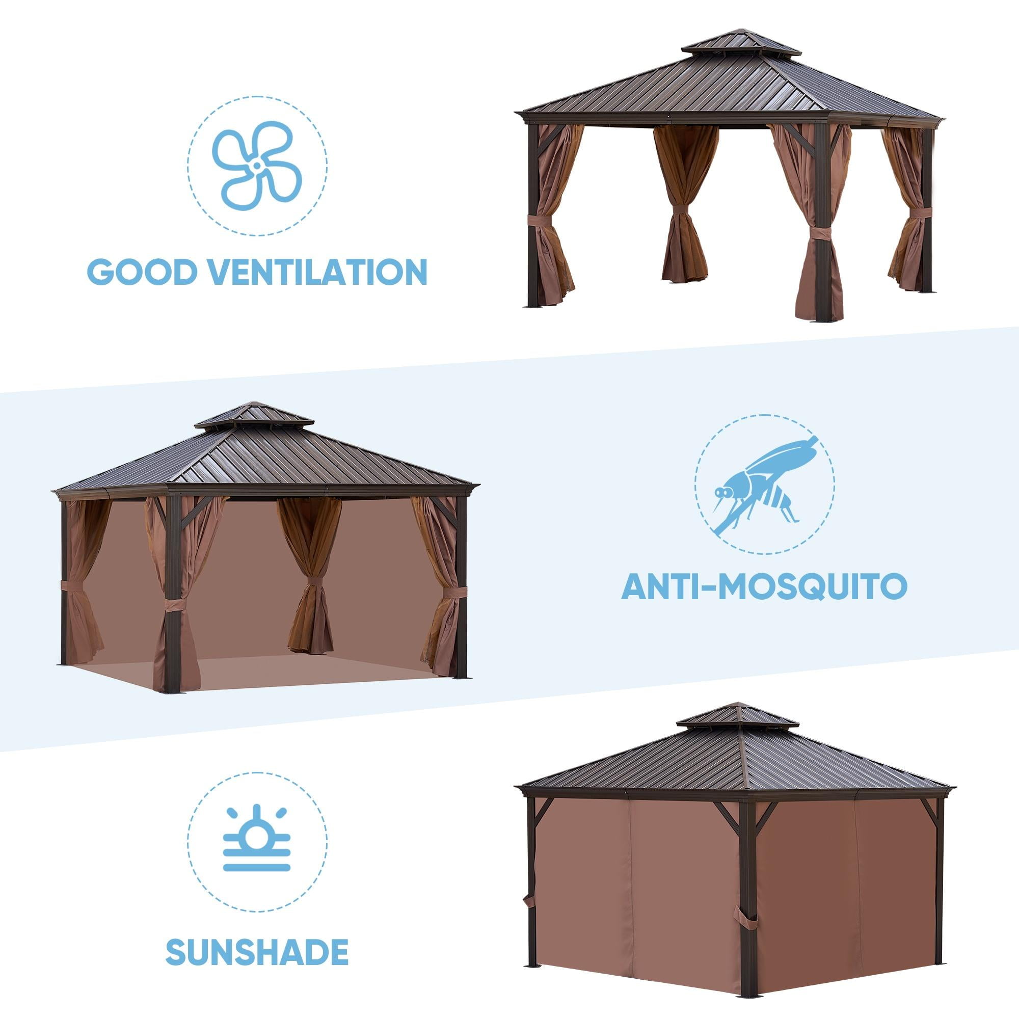 Segmart 12' x 12' Patio Hardtop Gazebo, Outdoor Galvanized Steel Aluminum Metal Double Roof Gazebo with Netting and Curtains, Permanent Patio Gazebo Pavilion for Backyard, Deck, Lawn, Gray