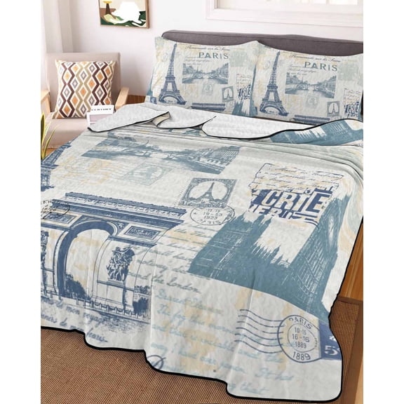 Eiffel Tower Full Size Down Alternative Comforter, Lightweight Comforter Quilt Bedding Set with Pillow Shams European Architectural Retro Hand-Painted All Seasons Bed Comforter Duvet Insert 78"x90"