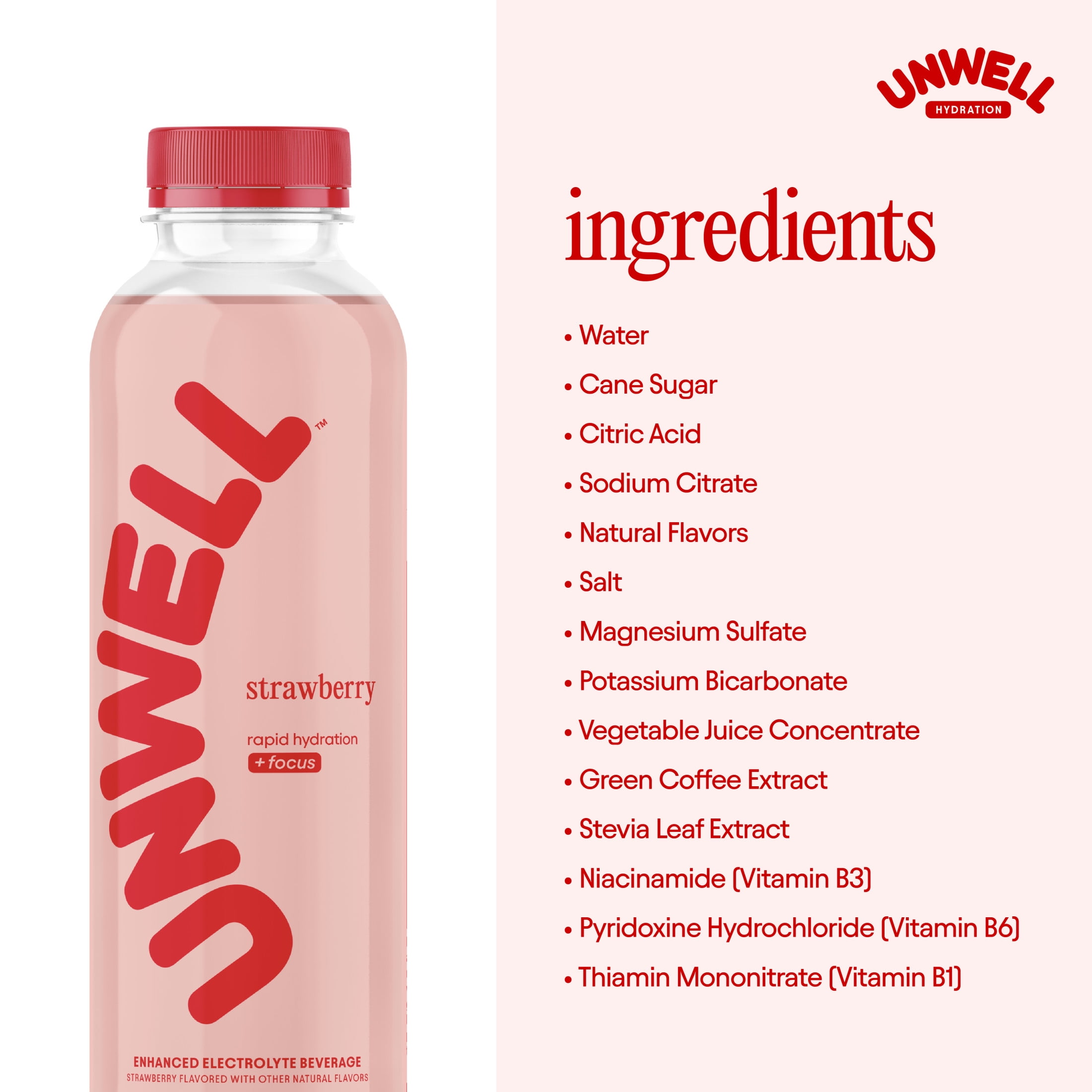 Unwell Hydration Electrolyte Drink for Rapid Hydration + Focus – Strawberry, 12 pack