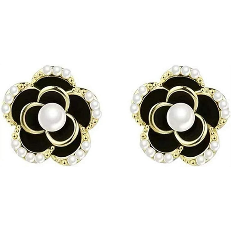Vintage Black Rose Earrings Silver Stud for Women Black White
