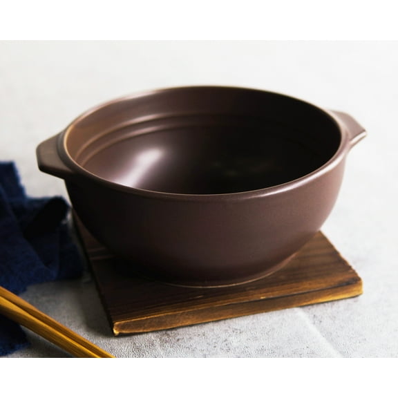 Japanese Brown Donabe Ceramic Hot Clay Pot Bowl Casserole 32oz With Wooden Base