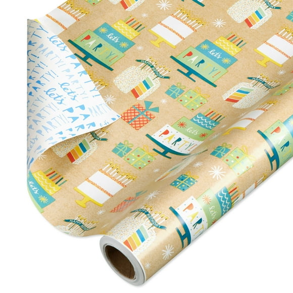 American Greetings - Papier d'emballage réversible pour les fêtes et toutes les occasions, les gâteaux d'anniversaire et les cadeaux (1 rouleau, 30 po x 70 pi)