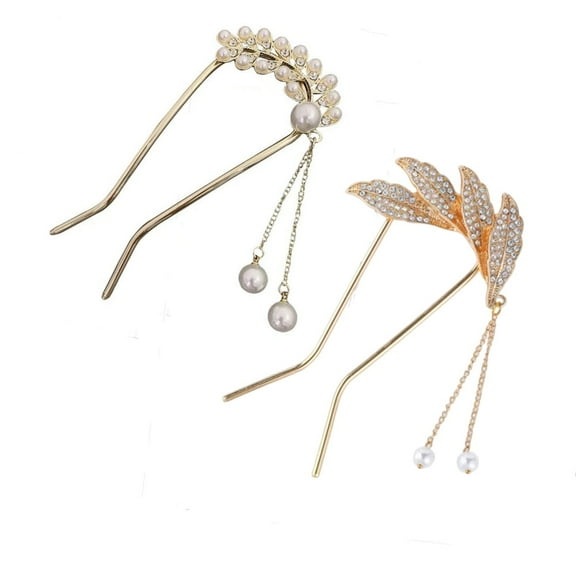 Celestial Hair Charms Rhinestone Hair Chopsticks, Elegant Gold Leaf Moon Tassel Hair Pins, U Shaped Glitter Bead Decorative Wedding Hair Sticks Tassel Hairpin 2P